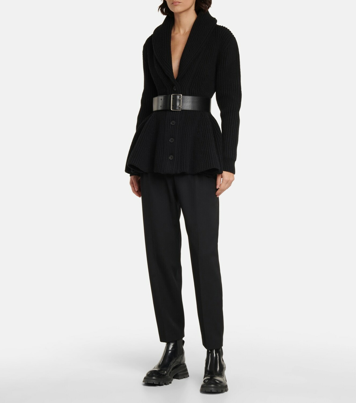 Alexander Mcqueen Ribbed Knit Wool Peplum Cardigan Alexander Mcqueen