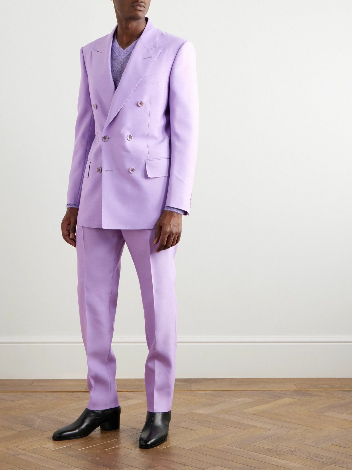 TOM FORD Double Breasted Wool And Silk Blend Suit Jacket Purple TOM