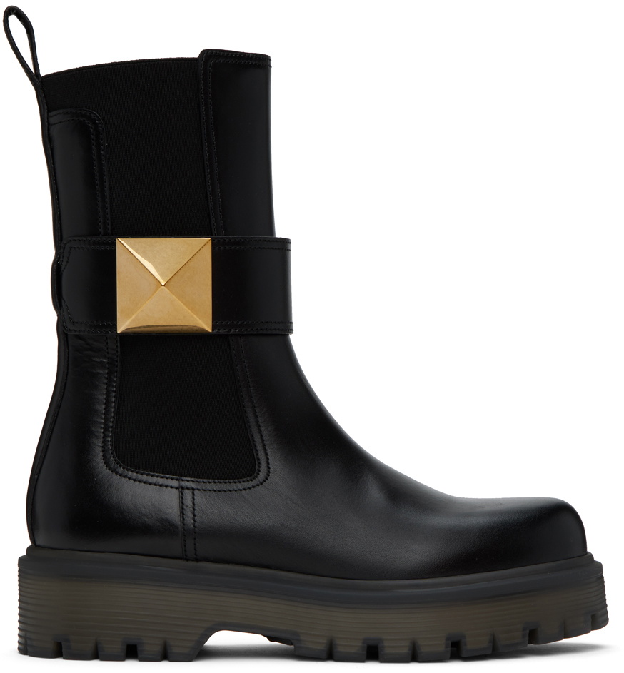 Valentino Garavani Black One Stud Beatle Ankle Boots Valentino Garavani