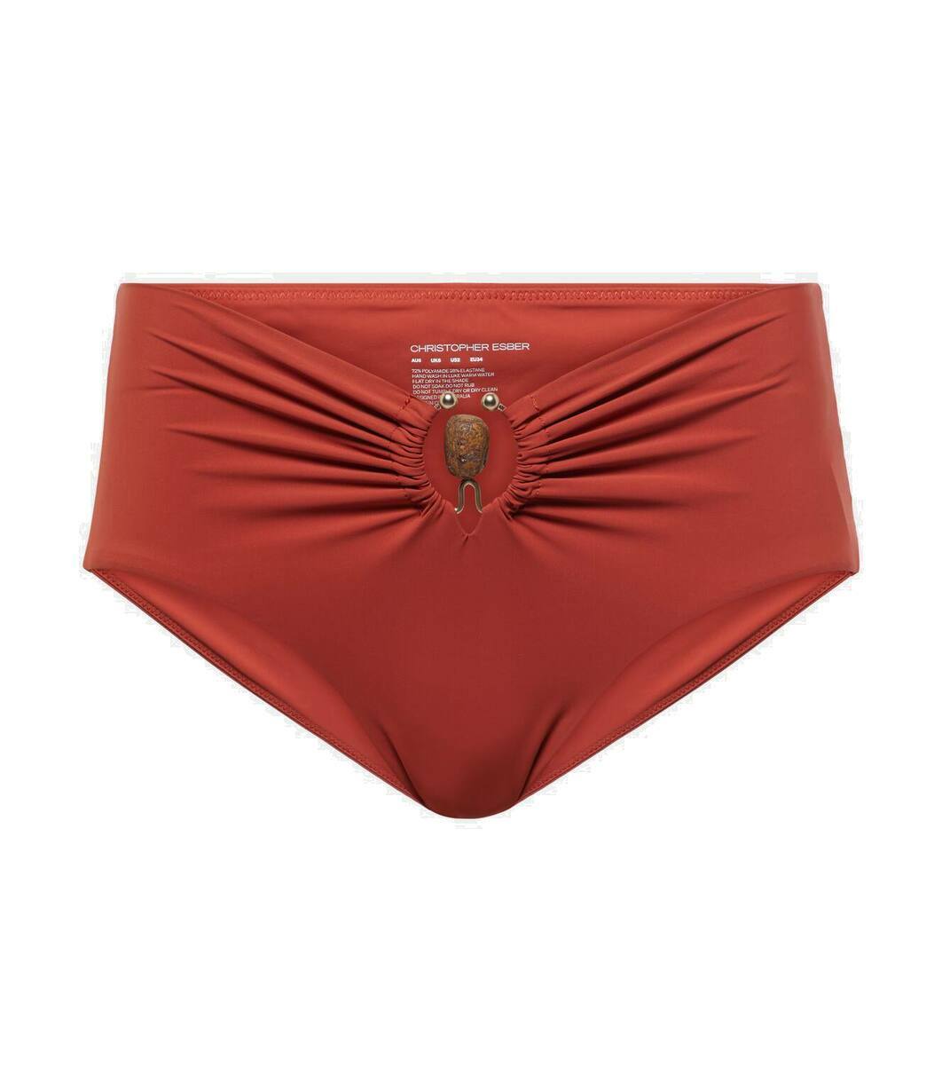 Christopher Esber Embellished Ruched High Rise Bikini Bottoms