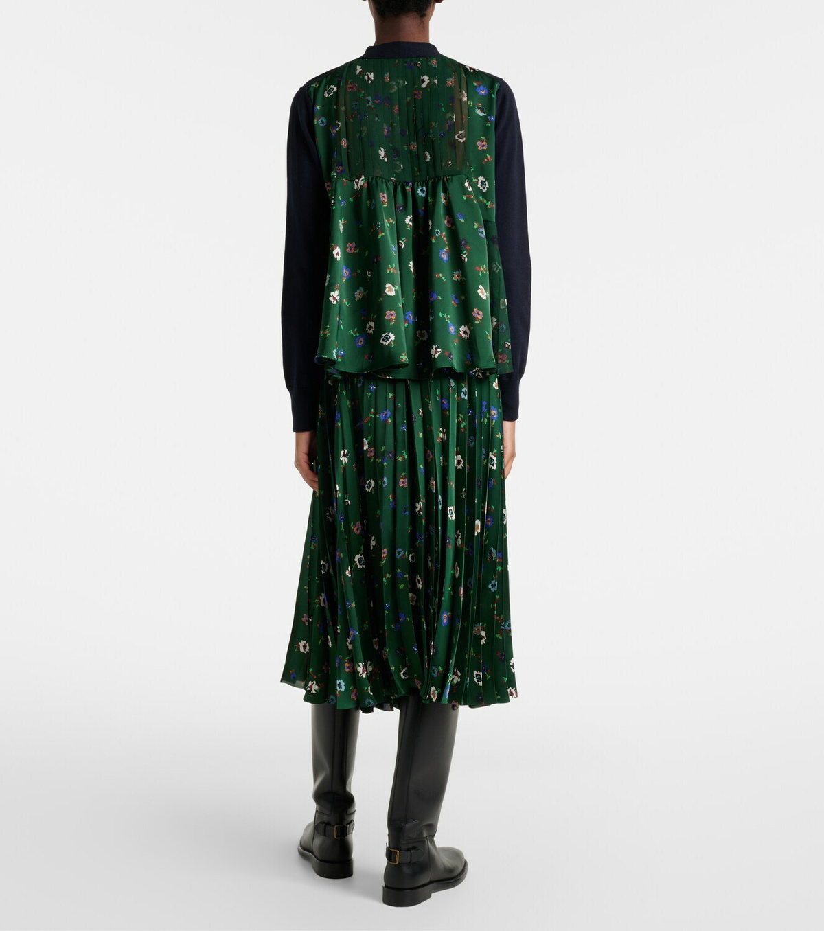 Sacai Floral plissé satin midi skirt