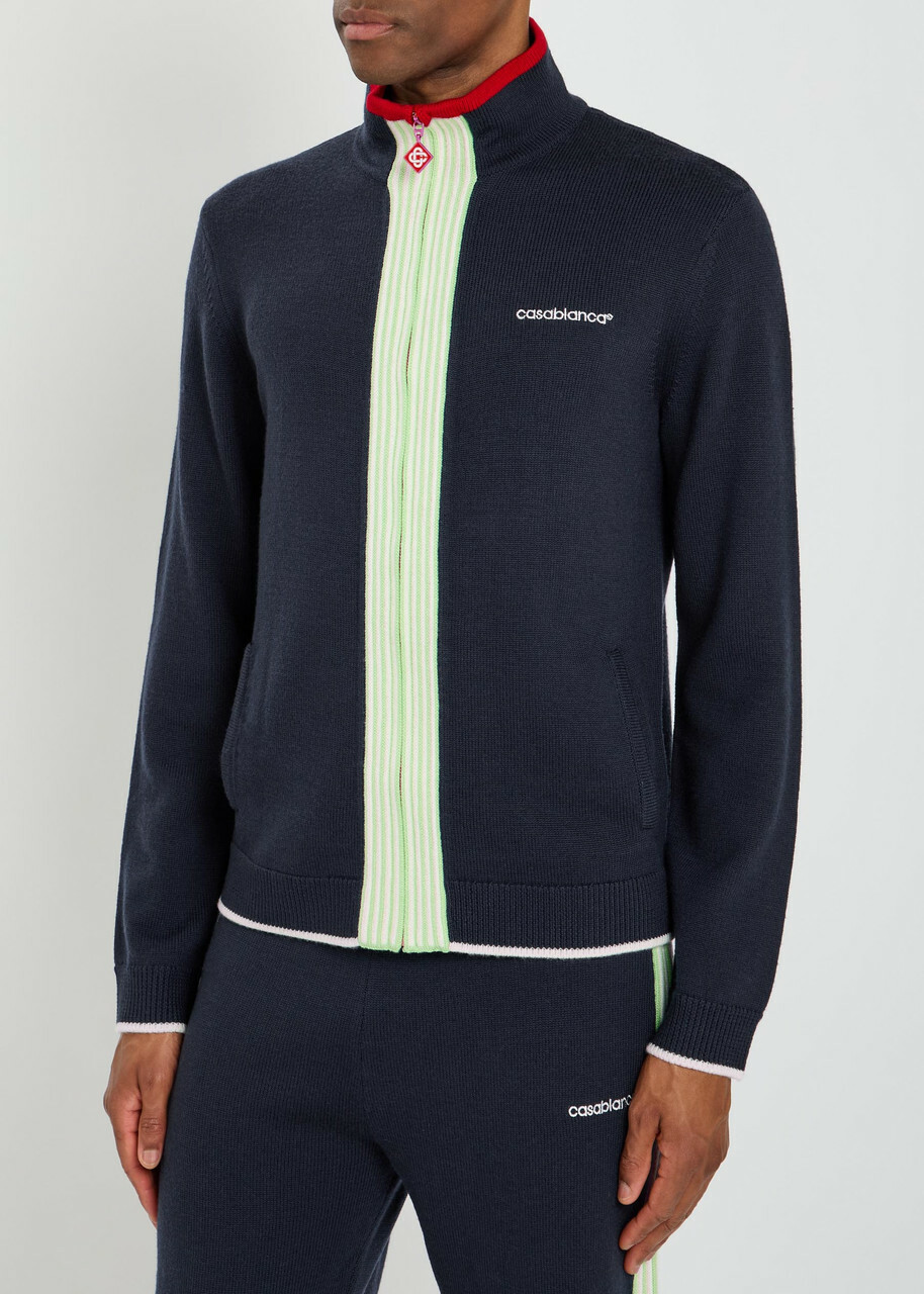 Casablanca Logo-embroidered Fine-knit Wool Track Jacket Navy