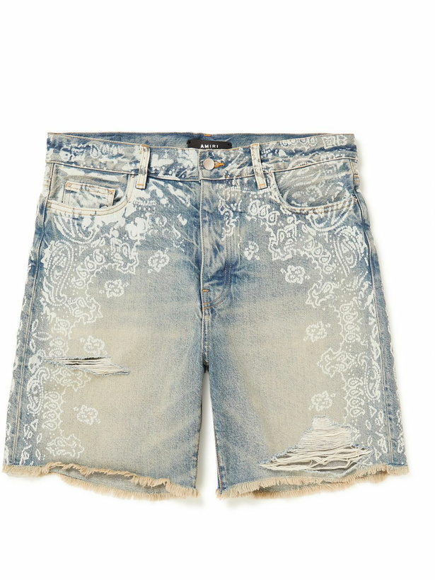 Photo: AMIRI - Straight-Leg Paisley-Print Distressed Denim Shorts - Blue