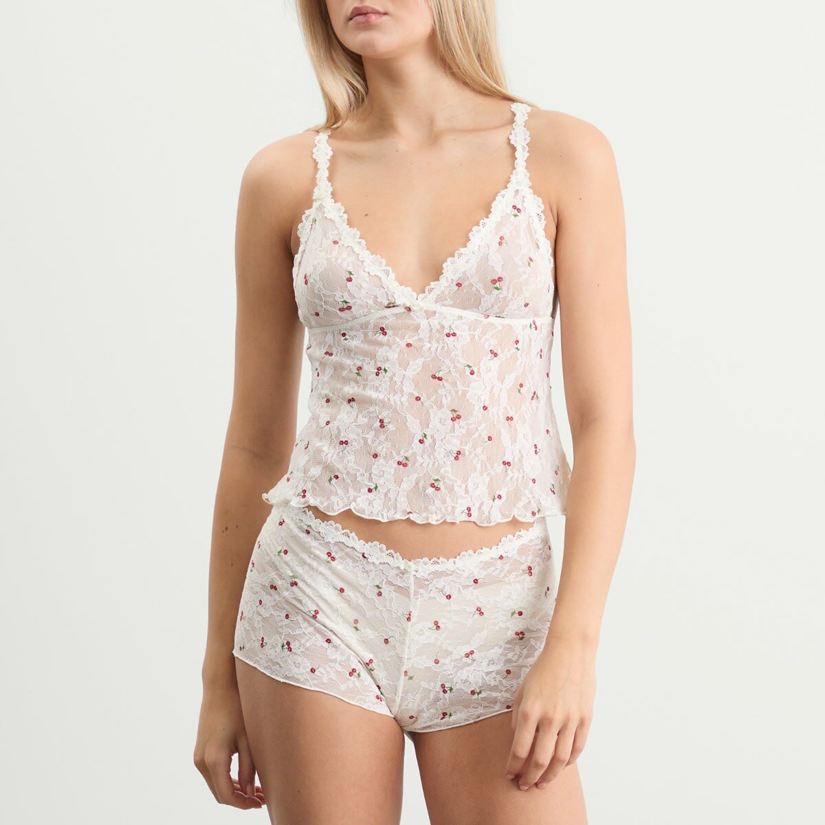 SKIMS Women's Stretch Lace Triangle Cami & Short Set in Ivory Cherry Print