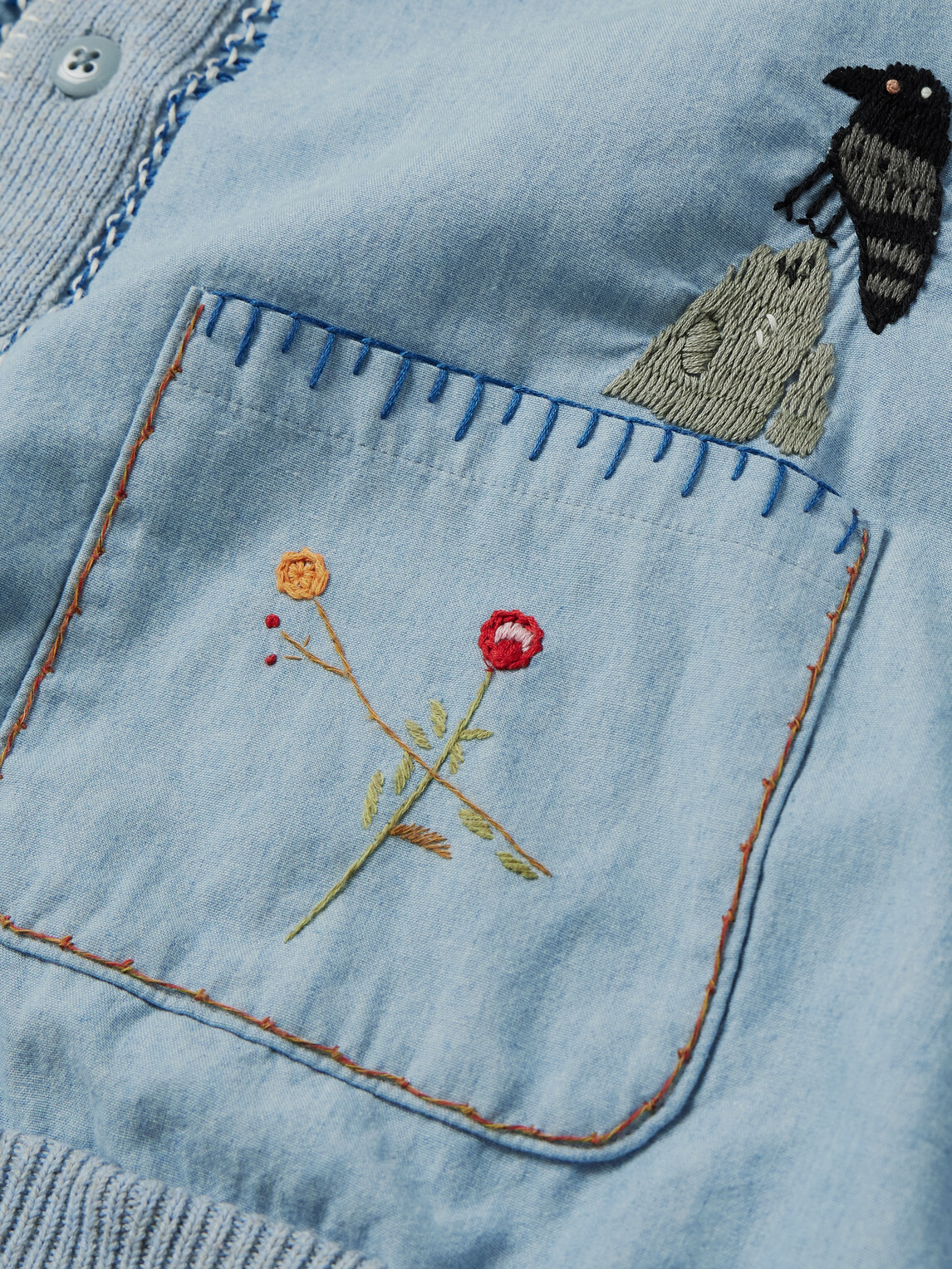 KAPITAL - Embroidered Chambray and Cotton Cardigan - Blue