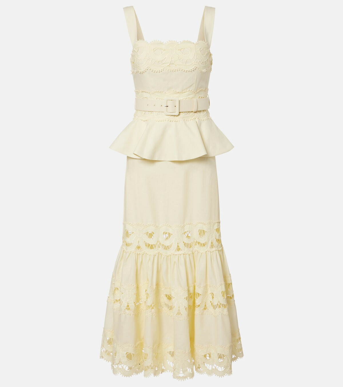 Self-Portrait Belted crochet-trimmed linen and cotton midi dress