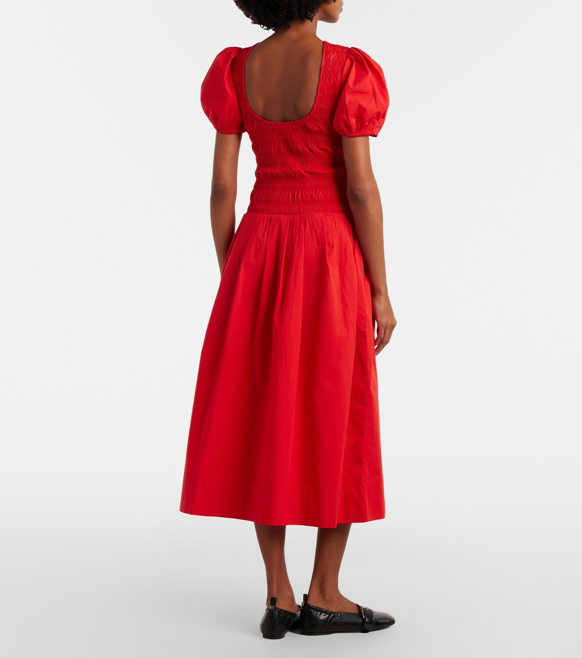 Ganni Shirred cotton-blend poplin midi dress