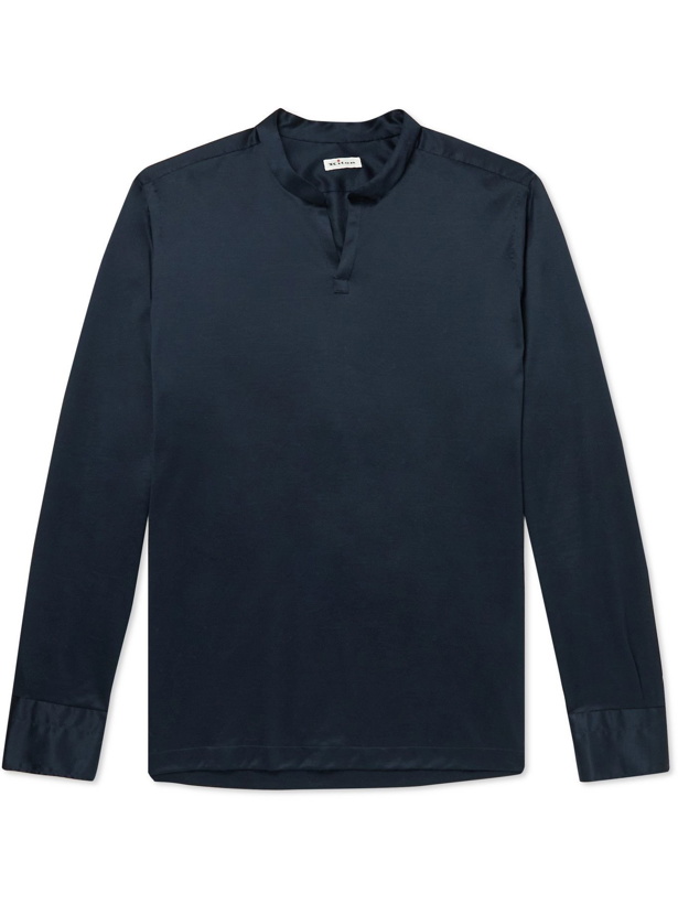 Photo: KITON - Grandad-Collar Cotton Half-Placket Shirt - Blue