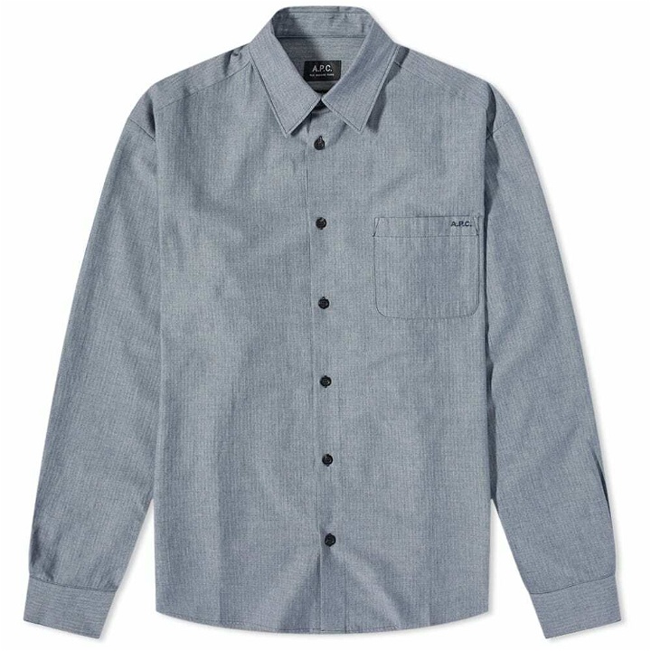 Photo: A.P.C. Men's A.P.C Malo Logo Flannel Shirt in Navy Marl