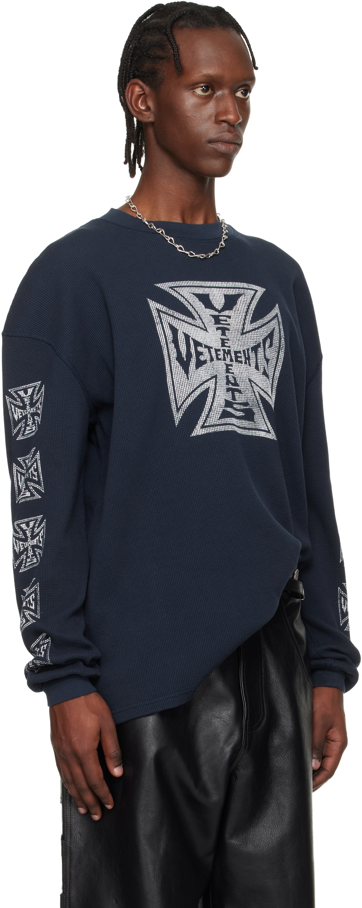 VETEMENTS Navy Biker Cross Waffle Longsleeve T-shirt Vetements