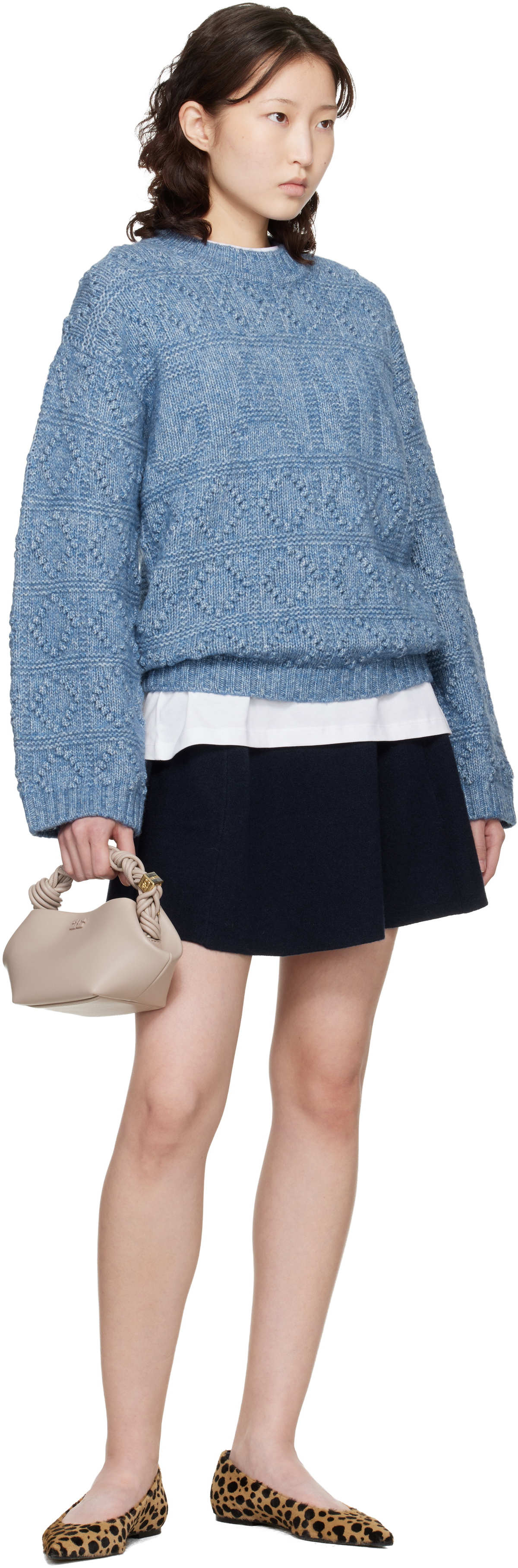 GANNI Blue Cotton Wool Bubble Sweater