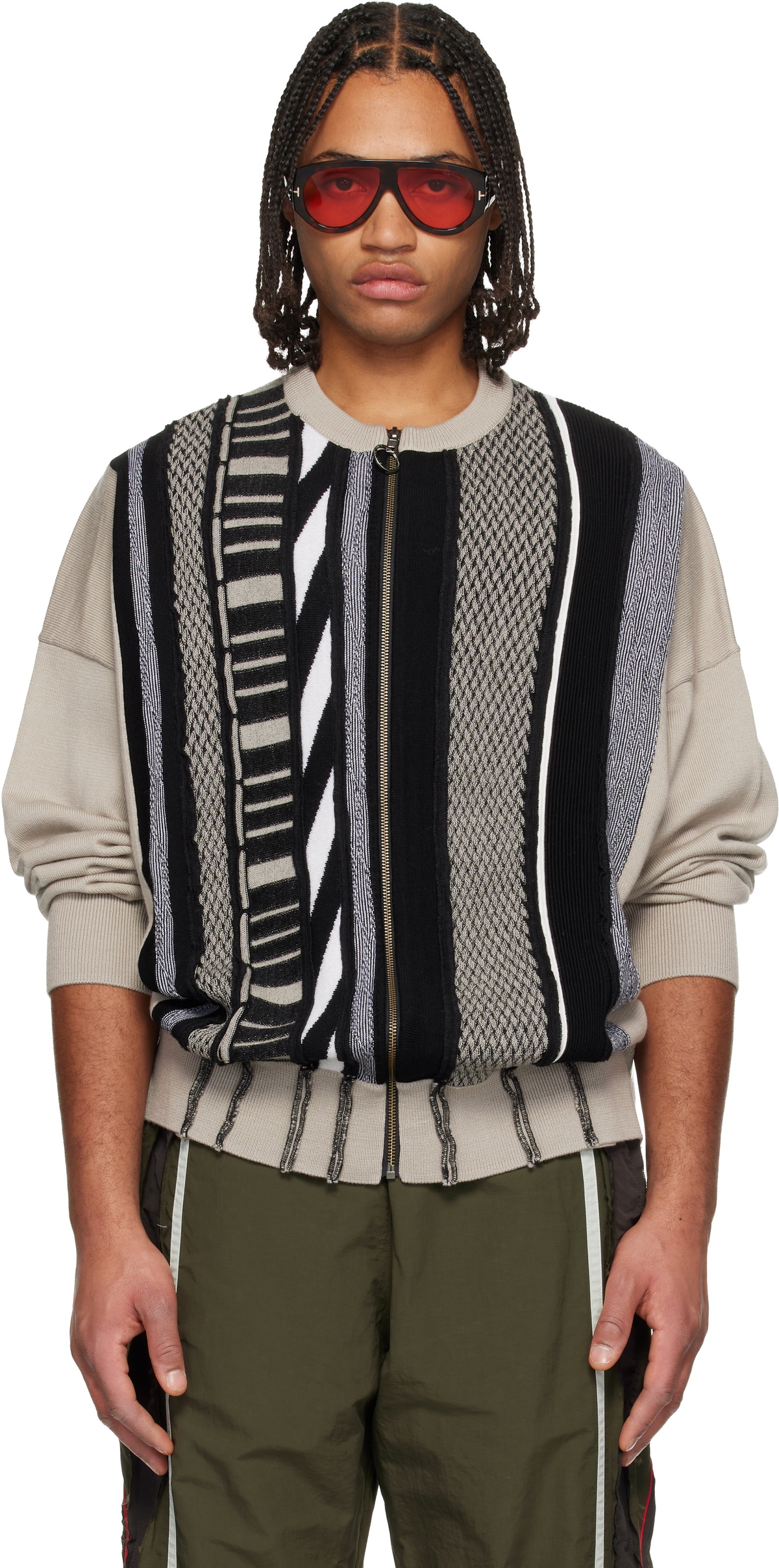 Martine Rose Beige & Black Multi Stripe Zip Up Crew Sweater