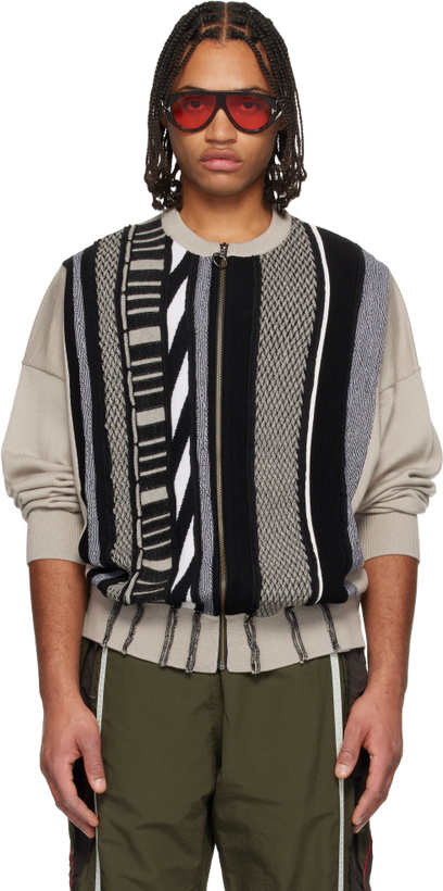 Photo: Martine Rose Beige & Black Multi Stripe Zip Up Crew Sweater