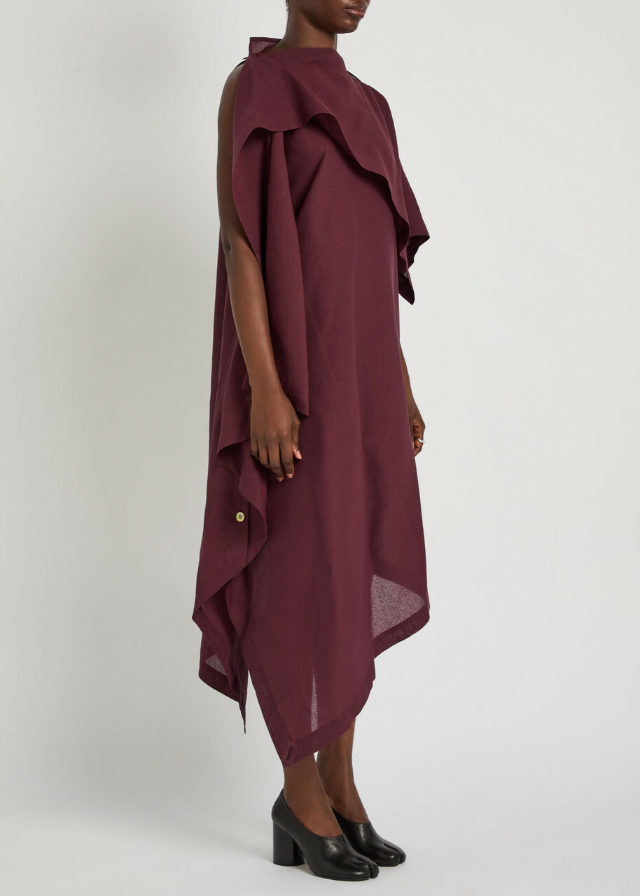 Issey Miyake All Squares Cape-effect Asymmetric Paper-blend Midi Dress Burgundy