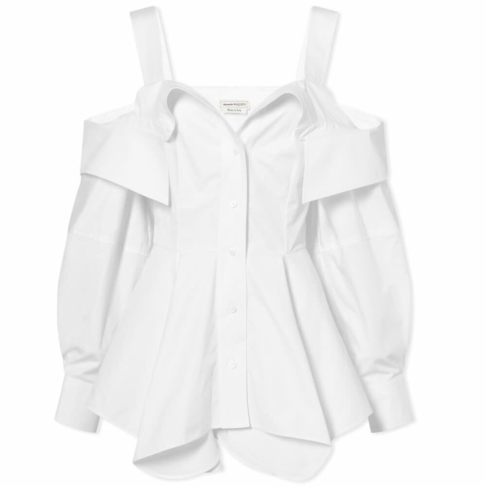 Alexander Mcqueen Womens Deconstructed Off Shoulder Shirt In Optical White Alexander Mcqueen 9549