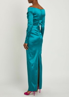 Talbot Runhof Off-the-shoulder Gathered Satin Maxi Dress Aqua