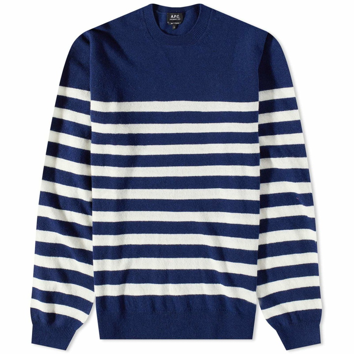 Photo: A.P.C. Men's Ismael Stripe Crew Knit in Dark Navy/White