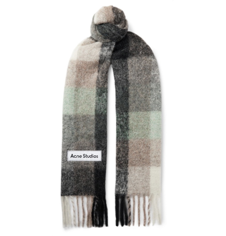 Photo: Acne Studios - Fringed Logo-Appliquéd Checked Knitted Scarf - Green