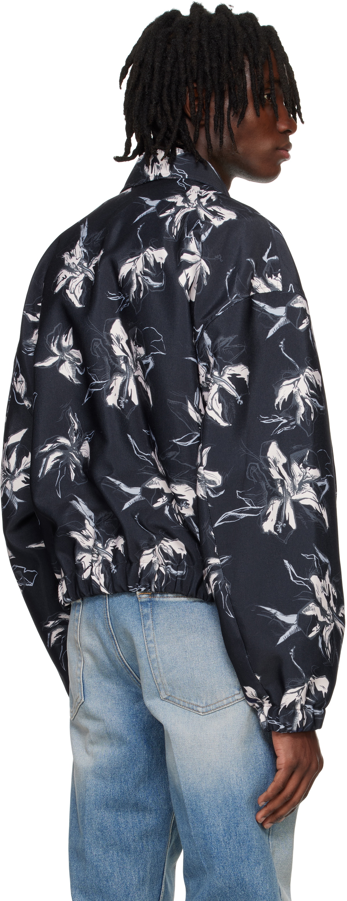 System Navy Flower Printed Bomber Jacket