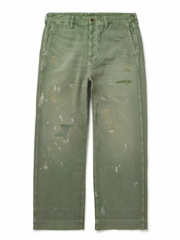 Photo: Polo Ralph Lauren - Burroughs Straight-Leg Distressed Herringbone Cotton-Twill Trousers - Green