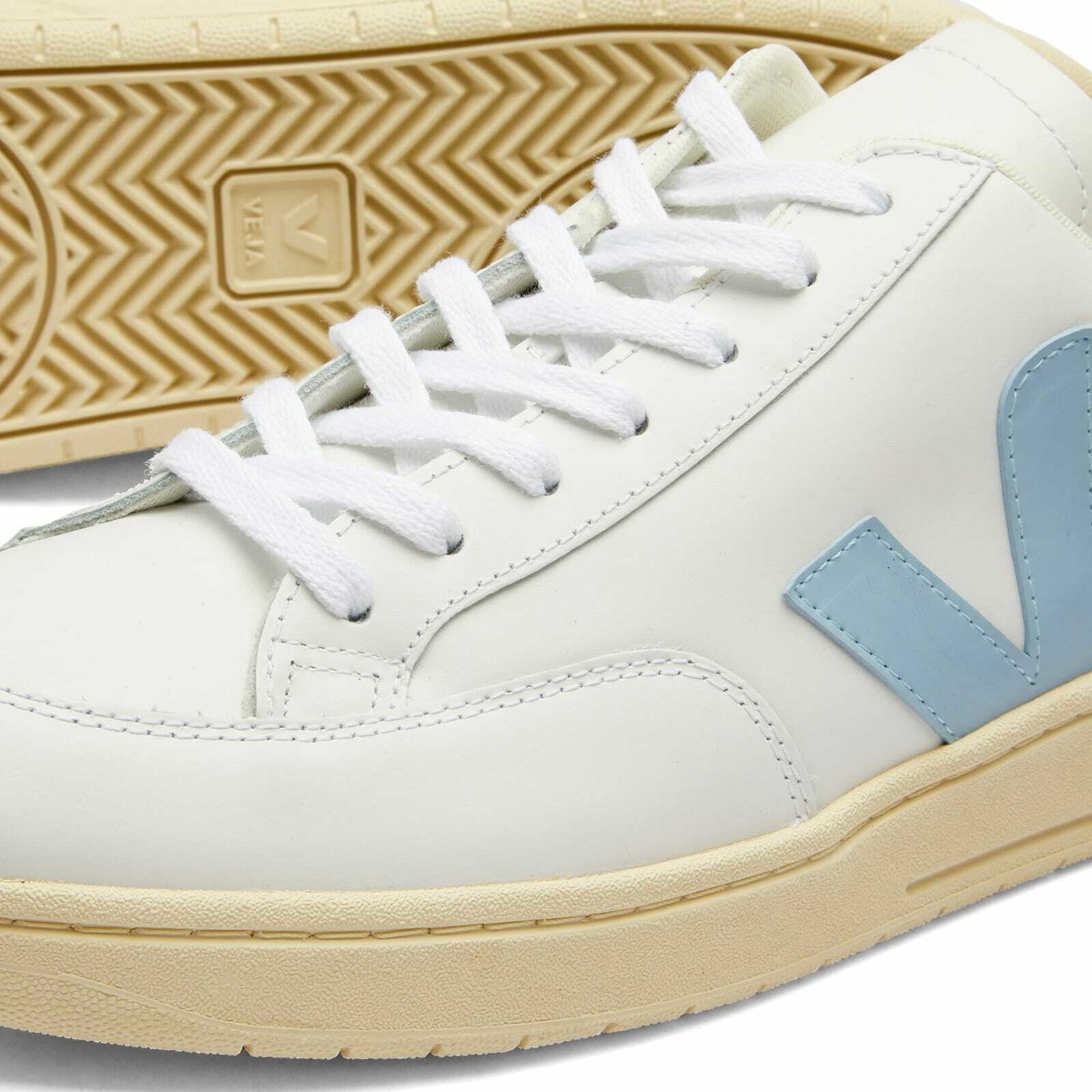 Veja Men's V-12 Leather Sneakers in Extra White/Steel/Nautico