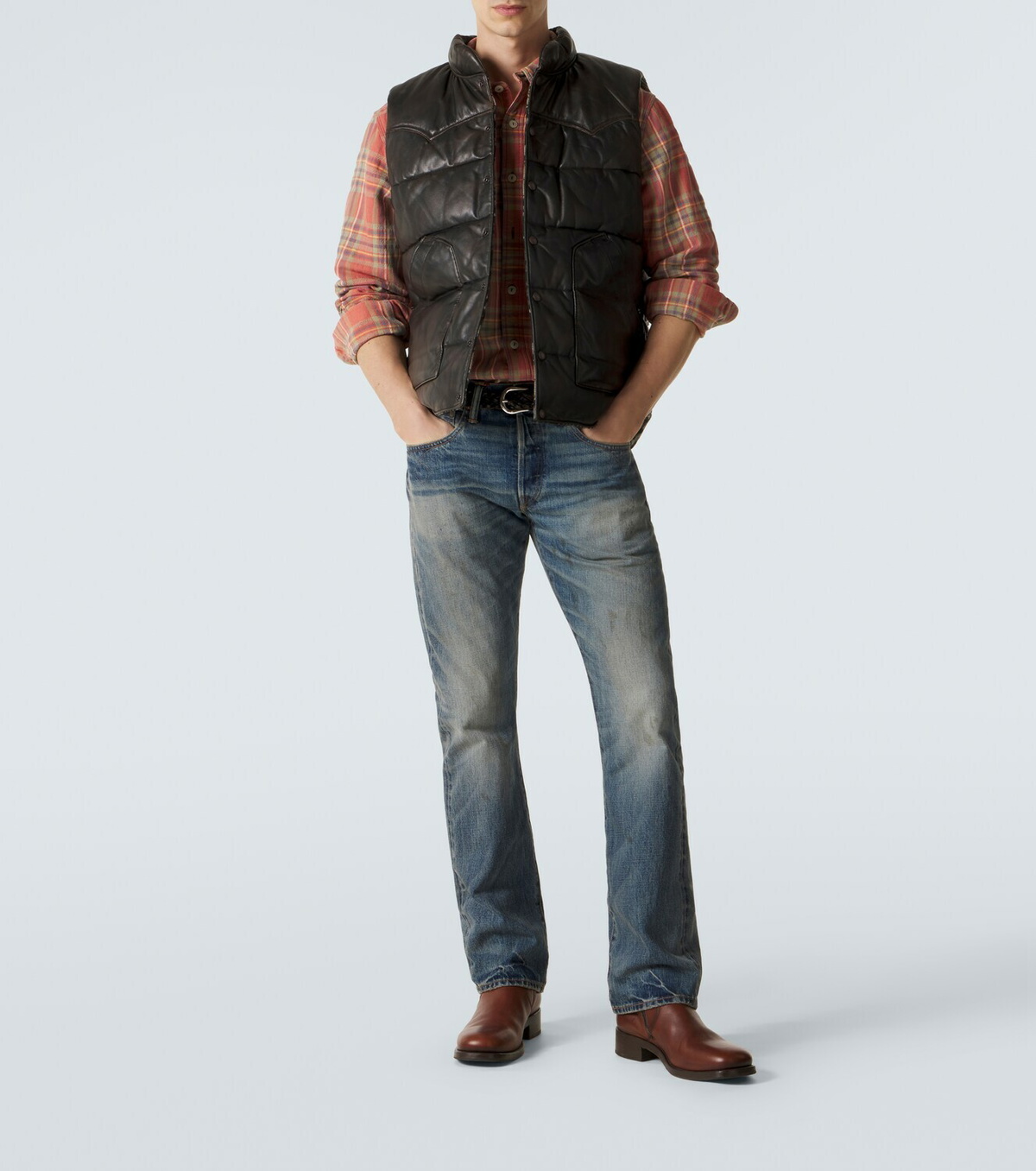 RRL Reversible leather and cotton puffer vest