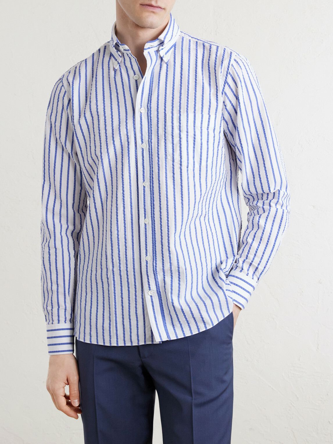 J. Mueser - Button-Down Collar Striped Cotton-Seersucker Shirt - Blue
