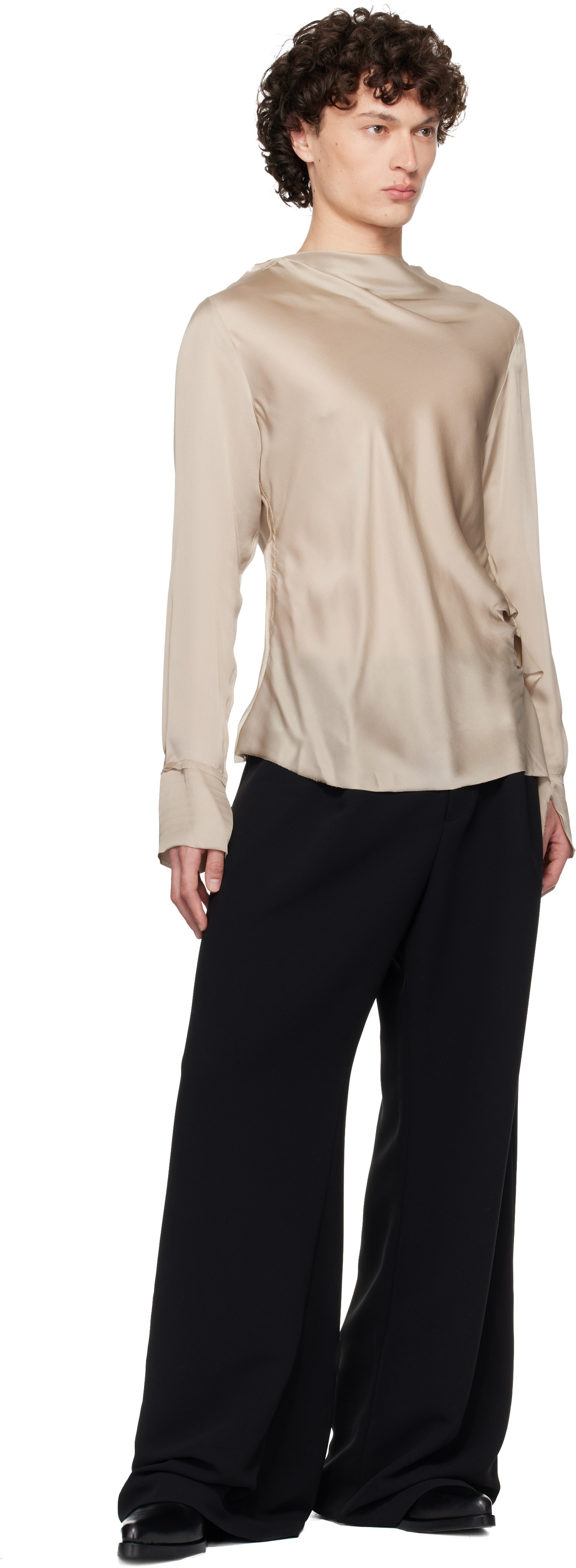 AARON ESH Taupe Draped Neck Long Sleeve Silk Blouse