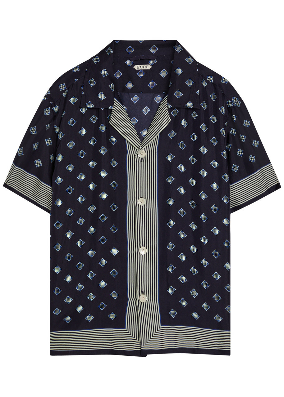 Bode Foyer Printed Silk Shirt Navy