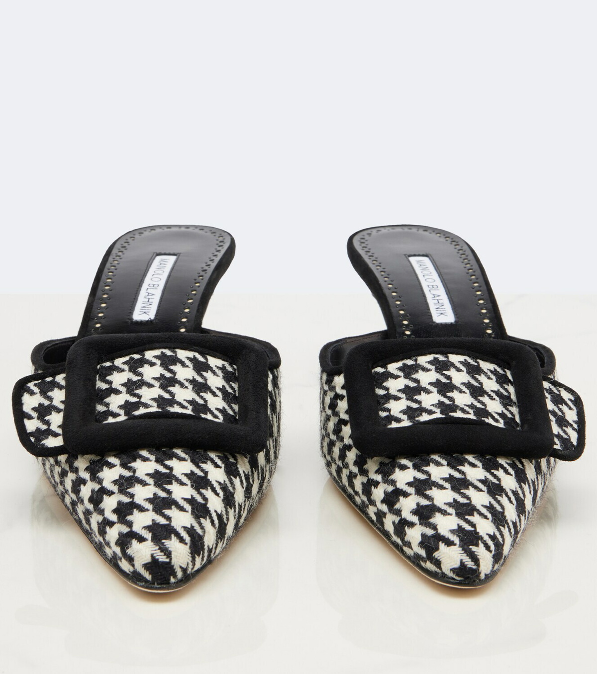 Manolo Blahnik Maysalebi houndstooth suede-trimmed mules