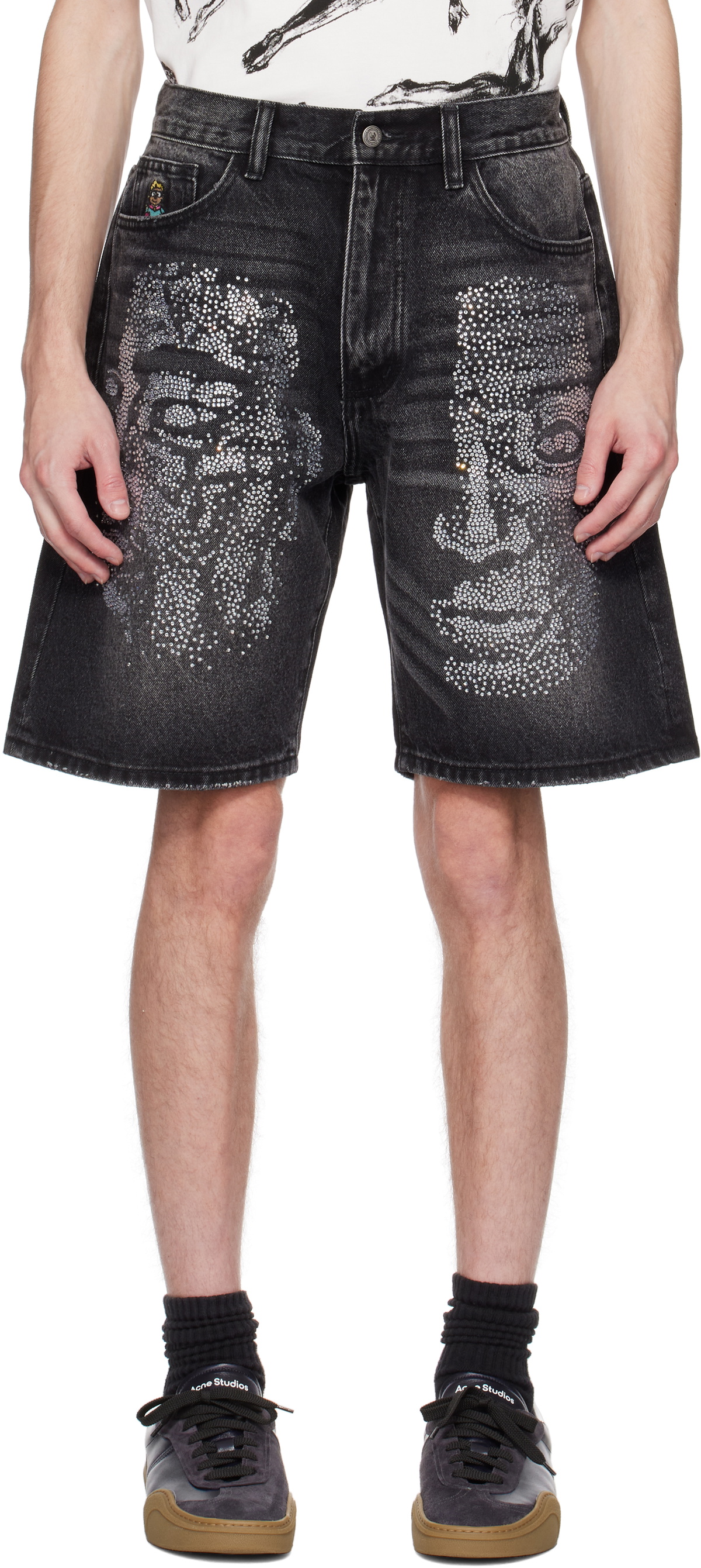KidSuper Black Rhinestone Face Denim Shorts