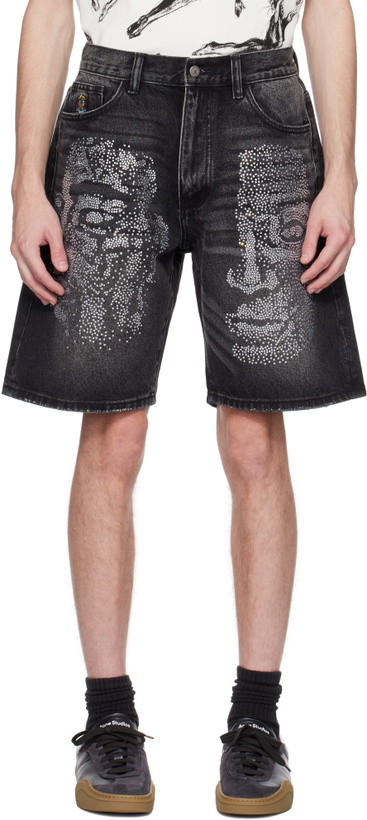 Photo: KidSuper Black Rhinestone Face Denim Shorts