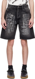 KidSuper Black Rhinestone Face Denim Shorts