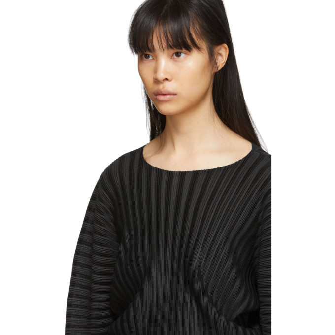 Pleats Please Issey Miyake: Black Rib Pleats Long Sleeve T-Shirt