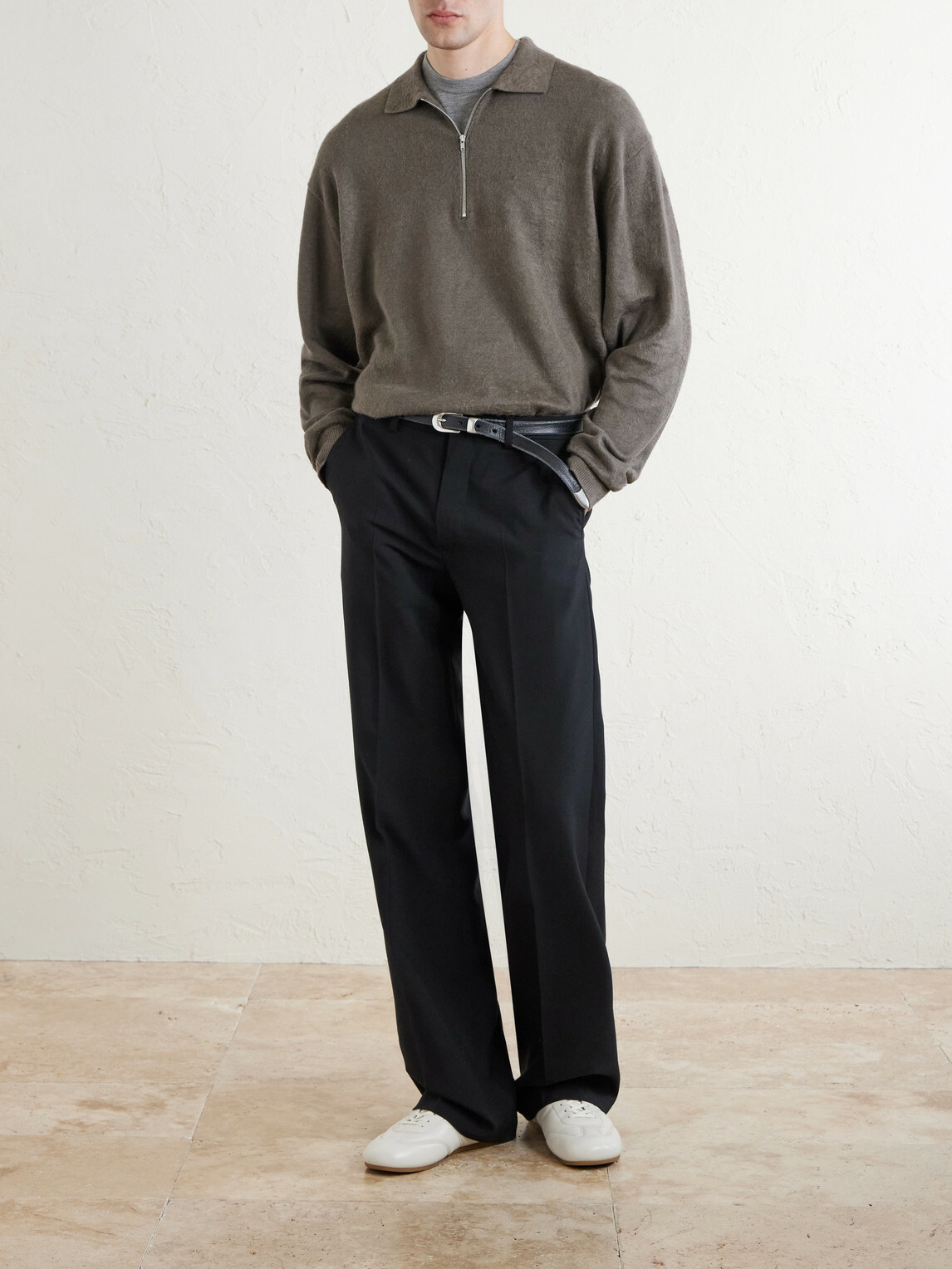 ATON - Linen and Cotton-Blend Half-Zip Polo Sweater - Gray