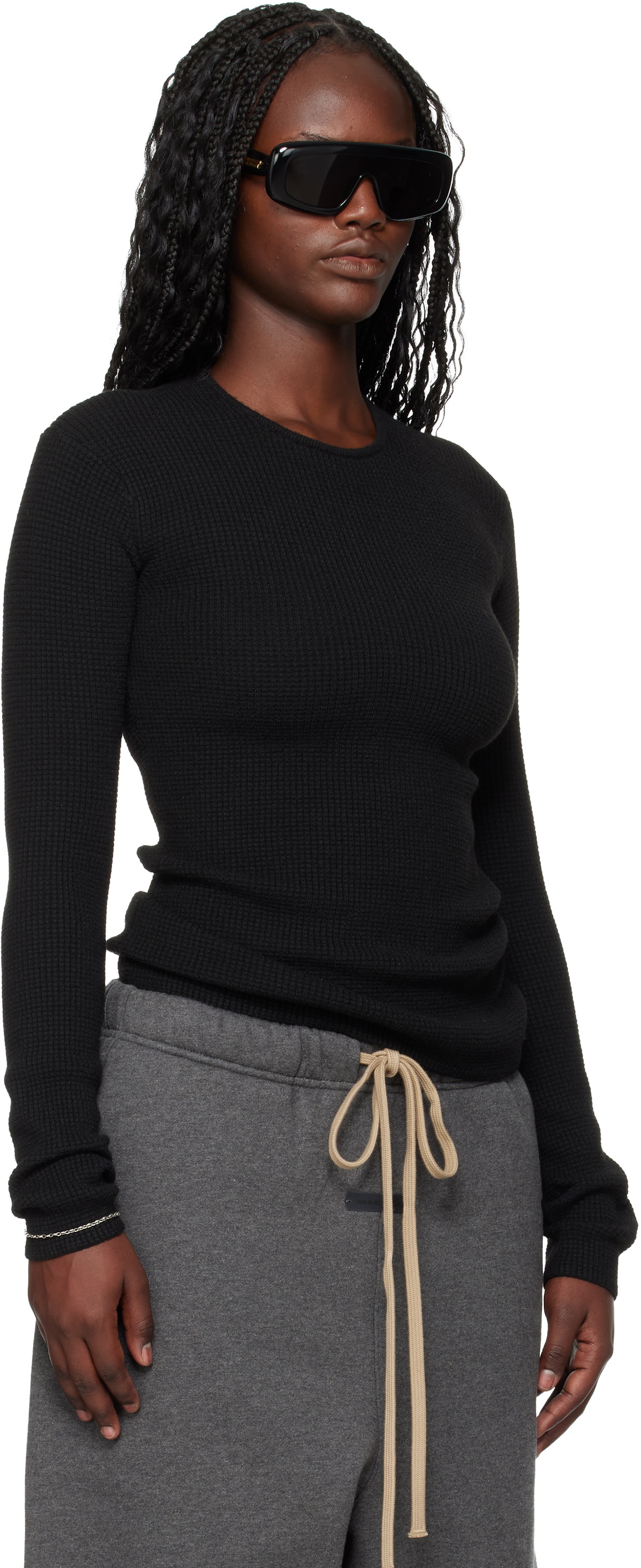 Fear of God ESSENTIALS Black Holiday Waffle Long Sleeve T-shirt