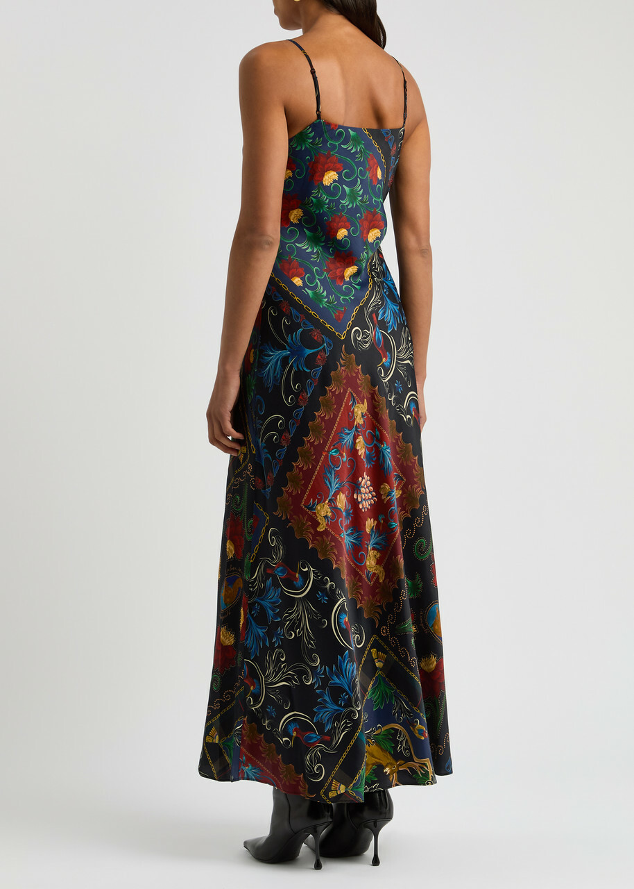 Farm Rio Printed Satin Maxi Slip Dress Black