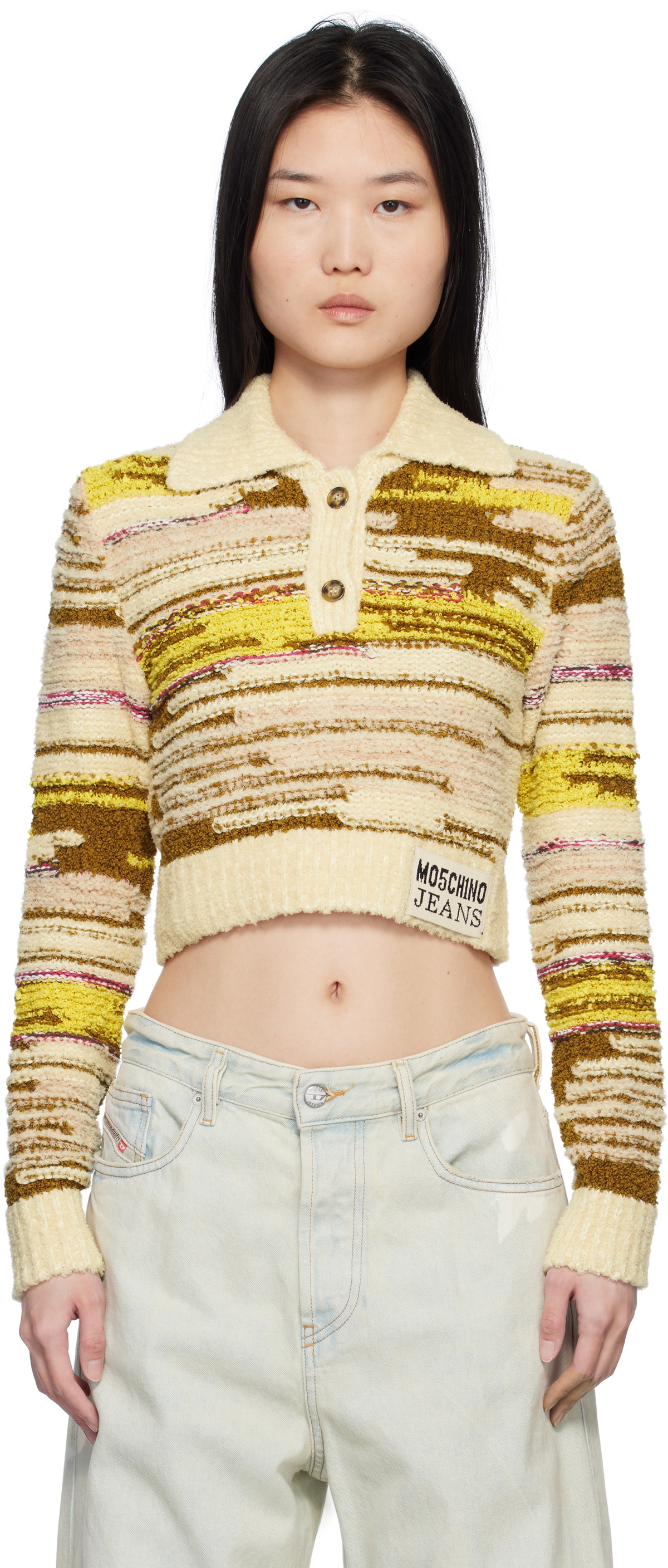 Moschino Jeans Multicolor Cropped Cotton & Nylon Pullover Polo