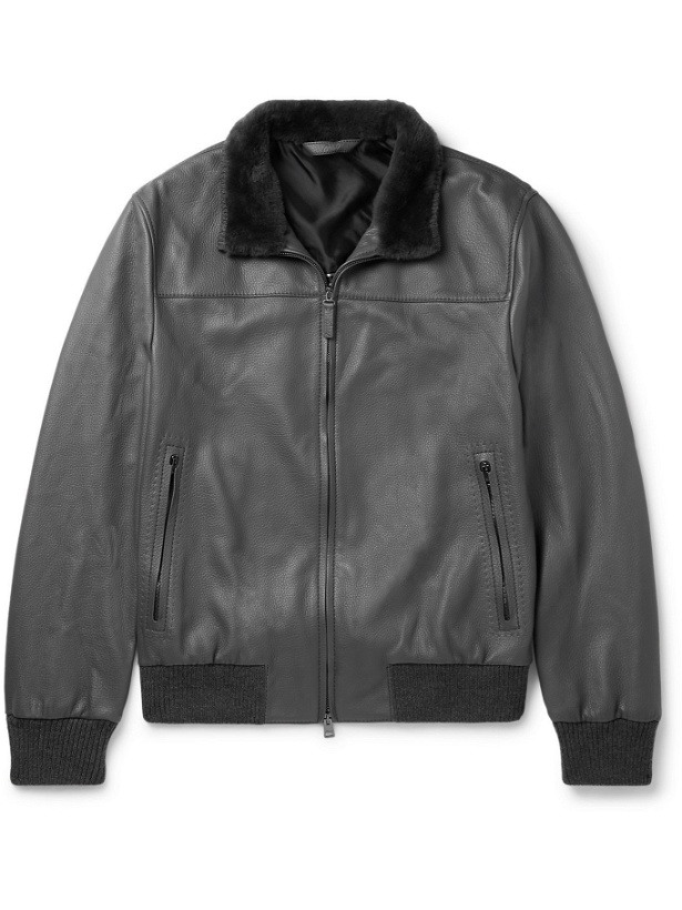 Photo: BRIONI - Shearling-Trimmed Full-Grain Leather Bomber Jacket - Gray
