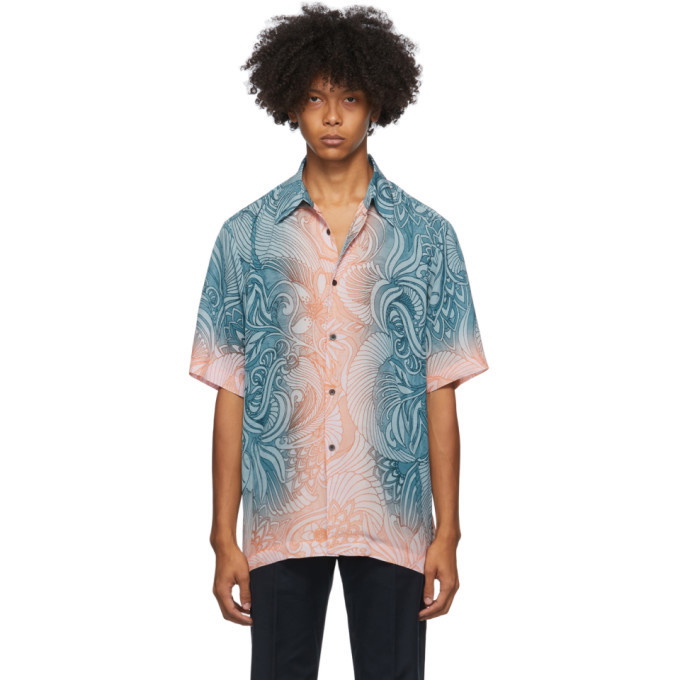 Photo: Dries Van Noten Blue and Orange Six Button Short Sleeve Shirt