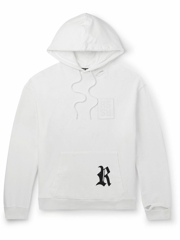 Photo: Raf Simons - Leather-Trimmed Distressed Logo-Print Cotton-Jersey Hoodie - White