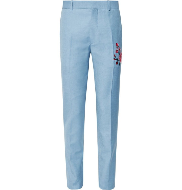 Photo: Alexander McQueen - Slim-Fit Embroidered Wool and Mohair-Blend Trousers - Men - Light blue