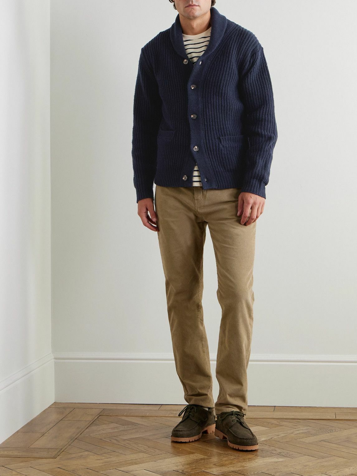 Hartford - Shawl-Collar Ribbed Wool Cardigan - Blue