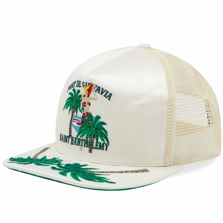 Photo: Rhude Men's Palm Tree Quilted Satin Cap in Ivory