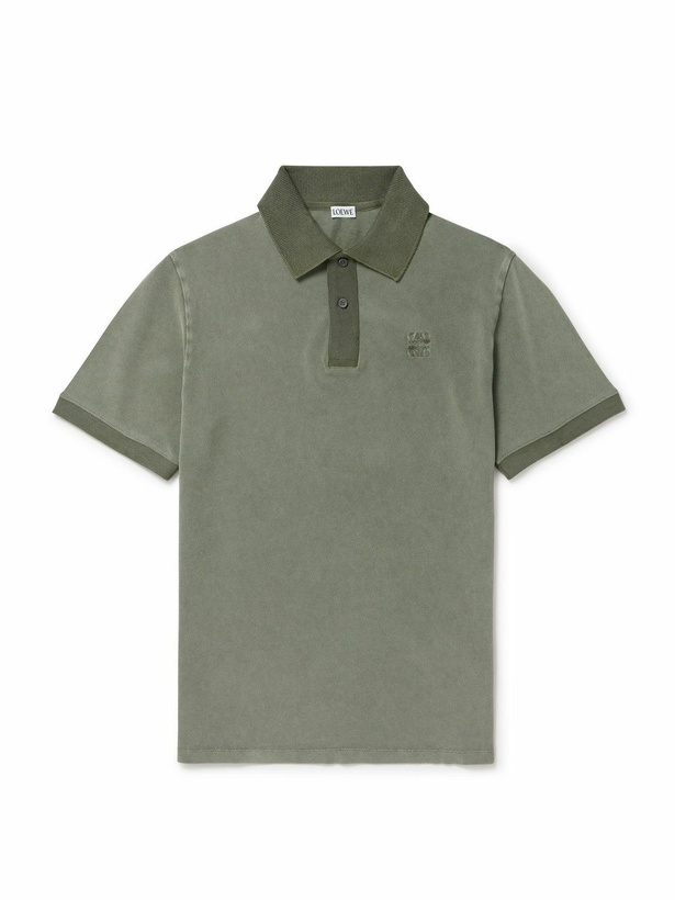 Photo: LOEWE - Slim-Fit Logo-Embroidered Distressed Cotton-Piqué Polo Shirt - Green