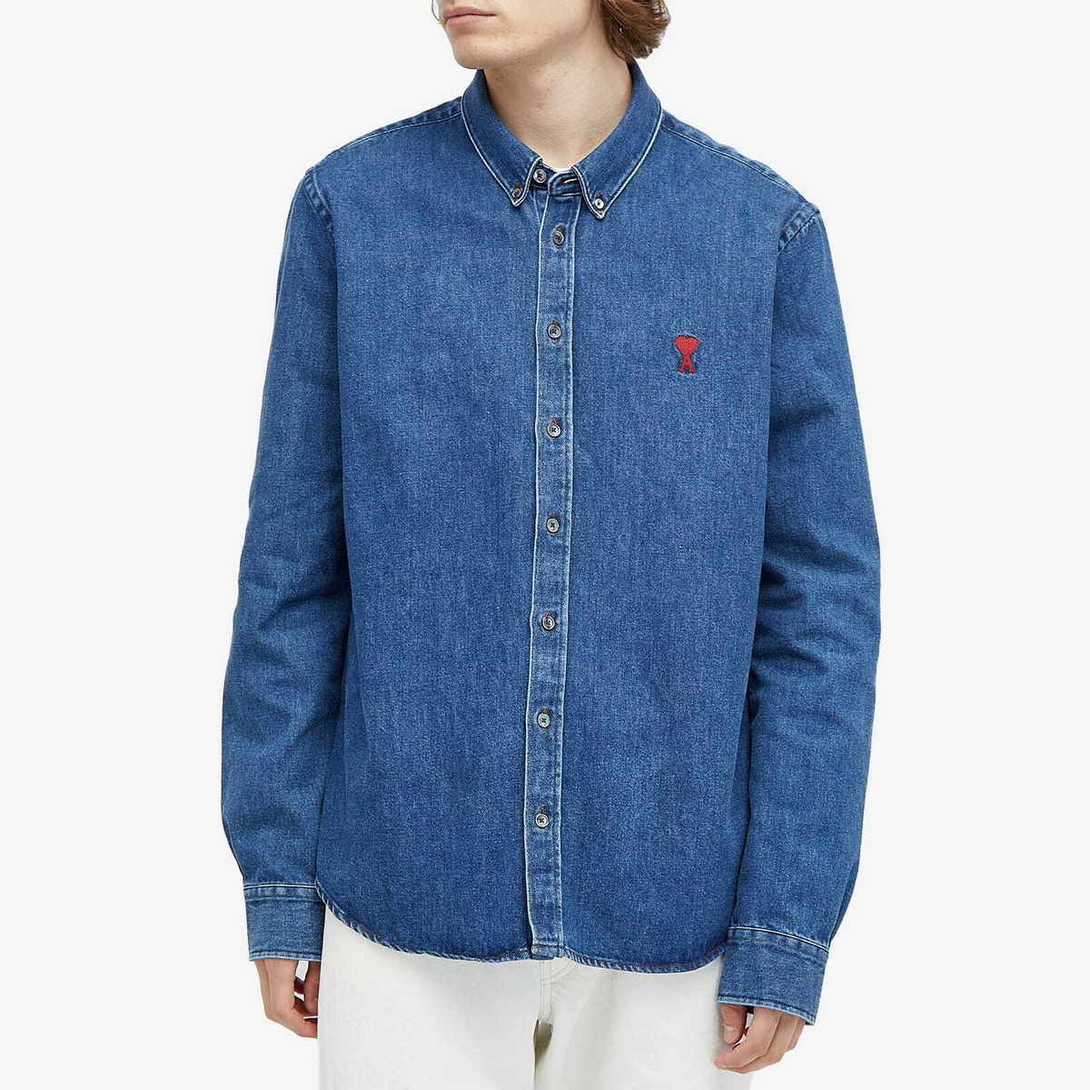 AMI Paris Men's Small A Heart Denim Shirt in Blue AMI
