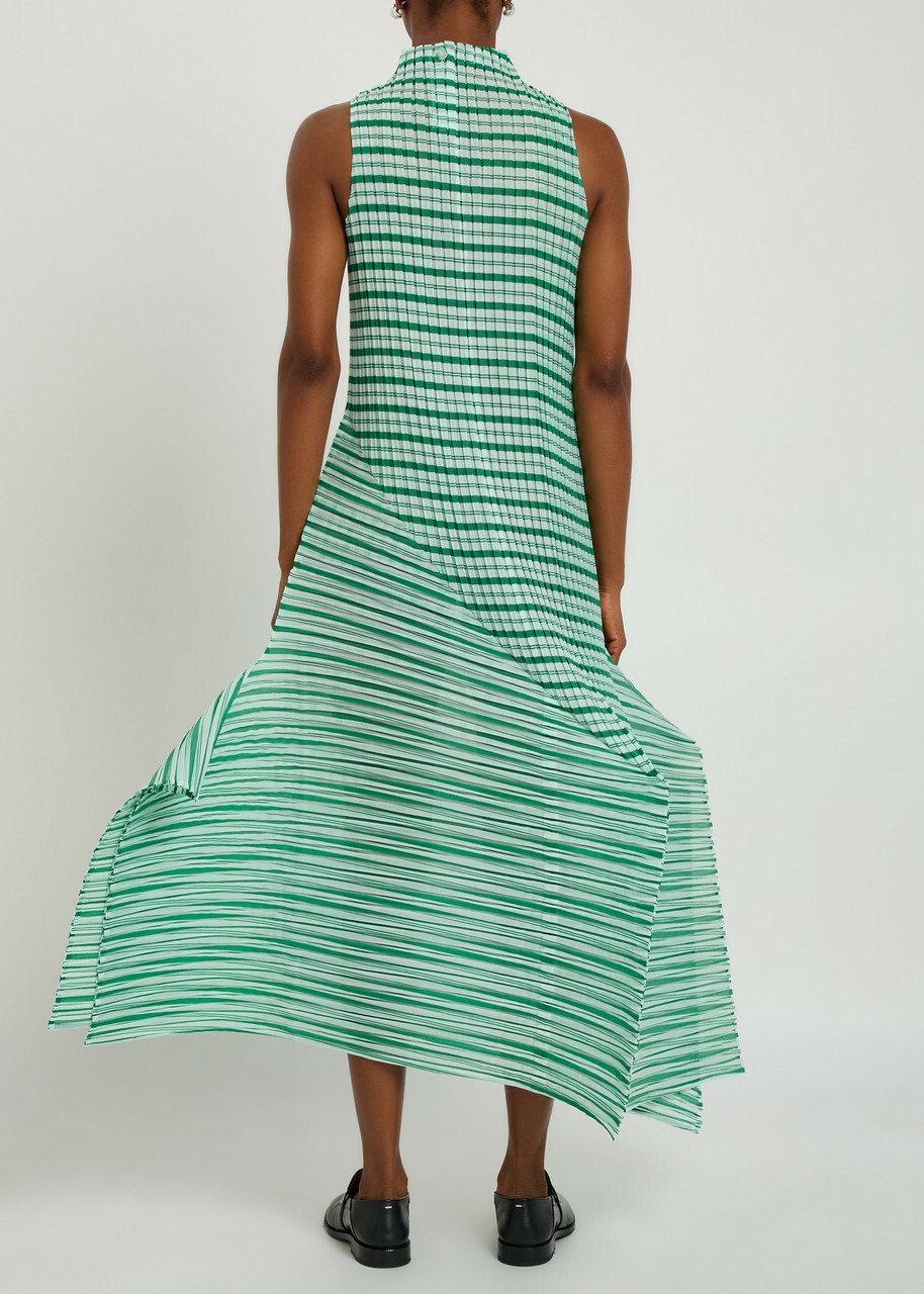 Issey Miyake Striped Pleated Woven Midi Dress Green