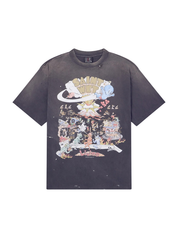 Photo: SAINT MXXXXXX - Living Printed Distressed Cotton-Jersey T-Shirt - Black