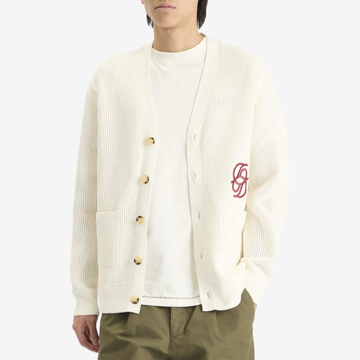 Drôle de Monsieur Men's Monogram College Cardigan in Cream