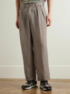 Beams Plus - Straight-Leg Pleated Checked Linen and Cotton-Blend Trousers - Brown